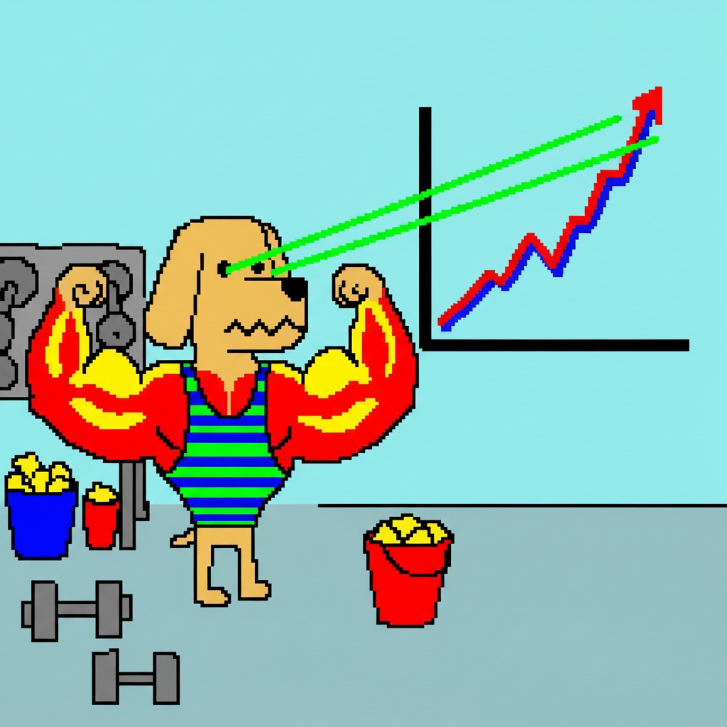 Bro the Dog with laser eyes flexing in gym