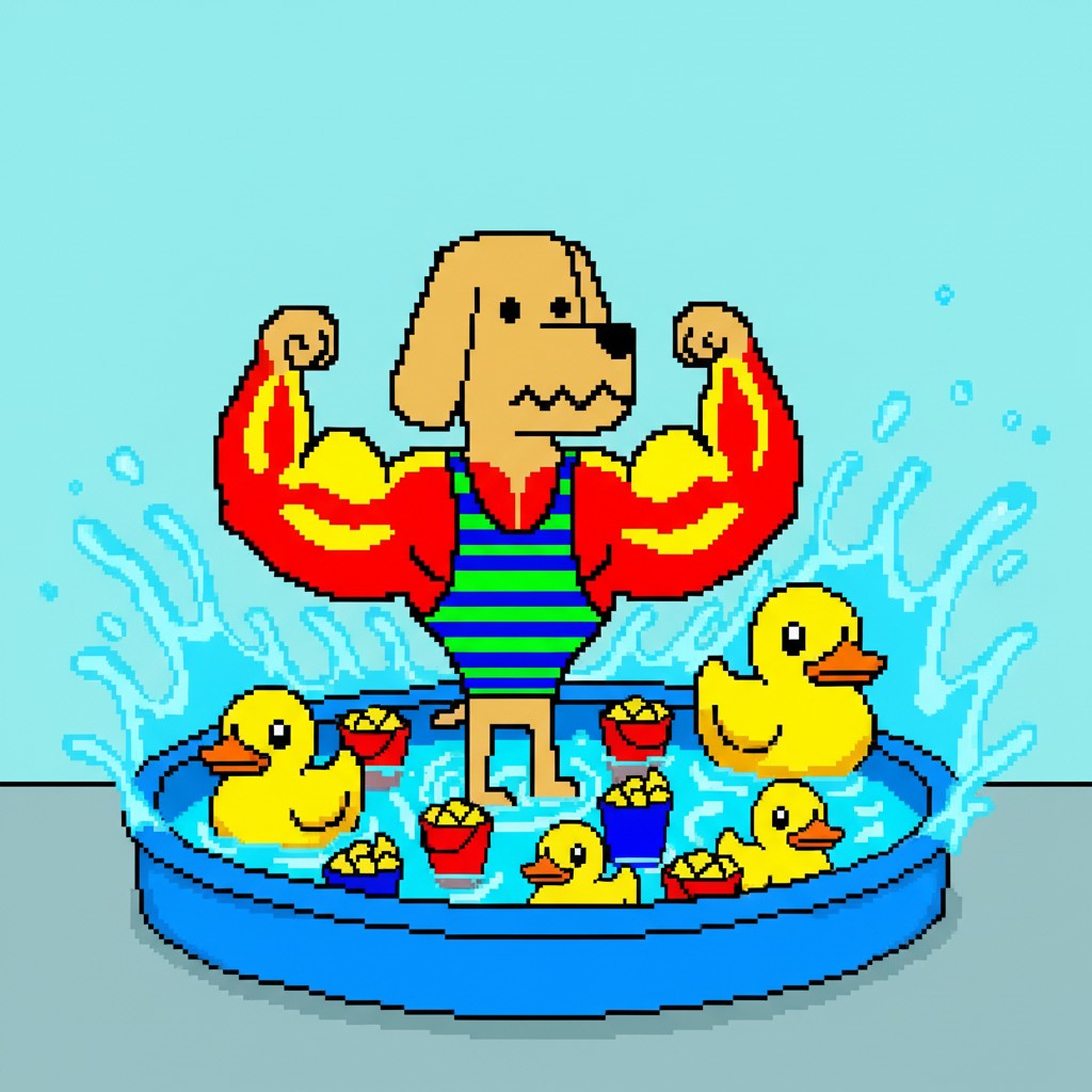 Bro the Dog pool party with rubber ducks splashing