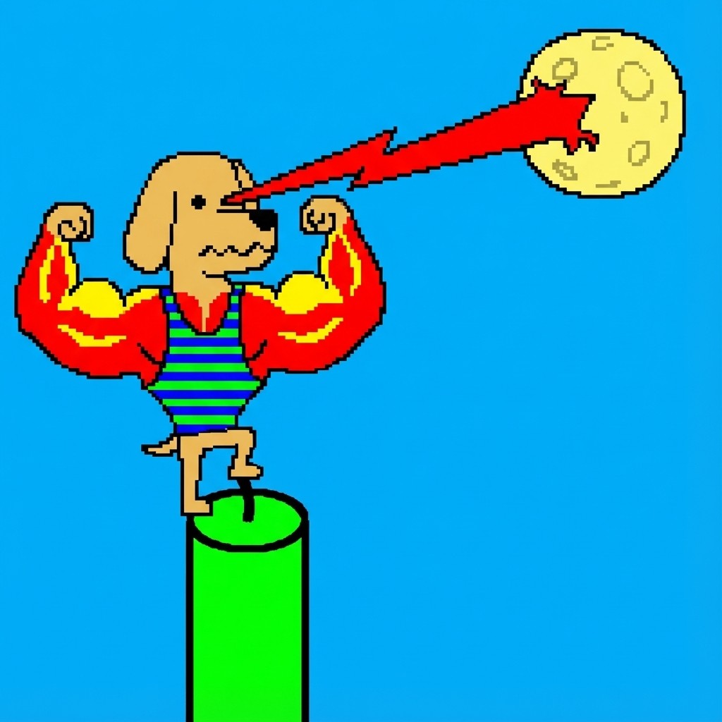 Bro the Dog on green candle shooting laser to moon