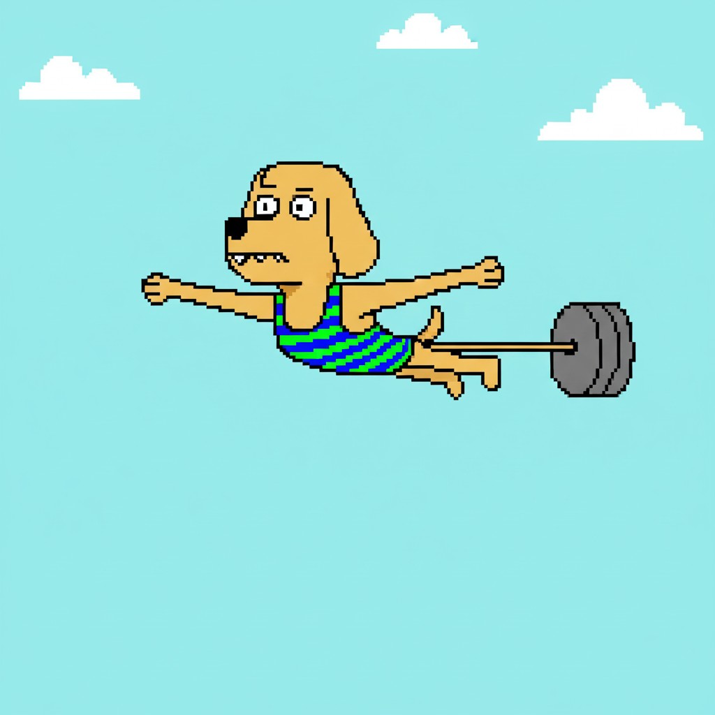 Bro the Dog flying through clouds with barbell