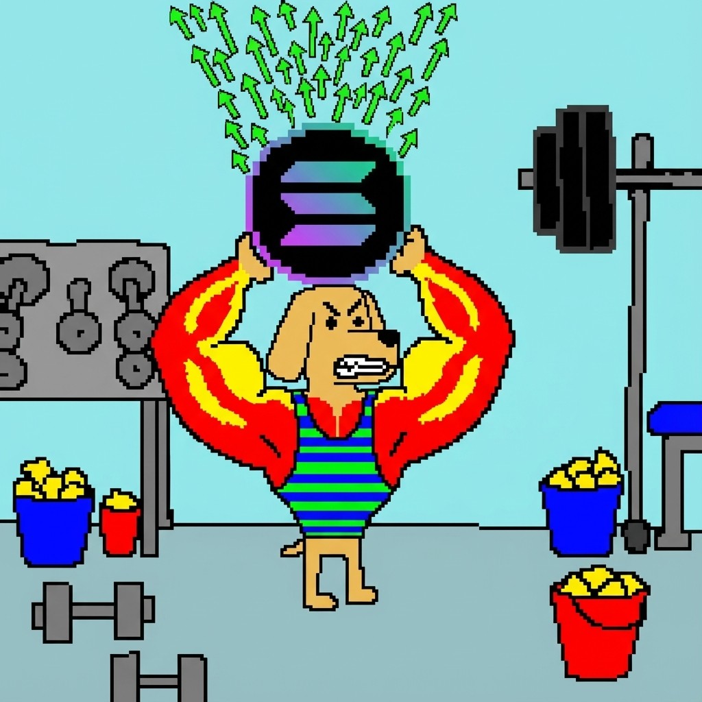 Bro the Dog lifting Solana logo in gym