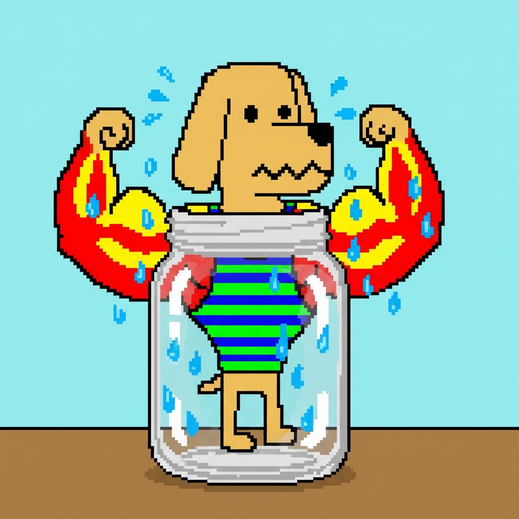 Bro the Dog flexing in jar with water