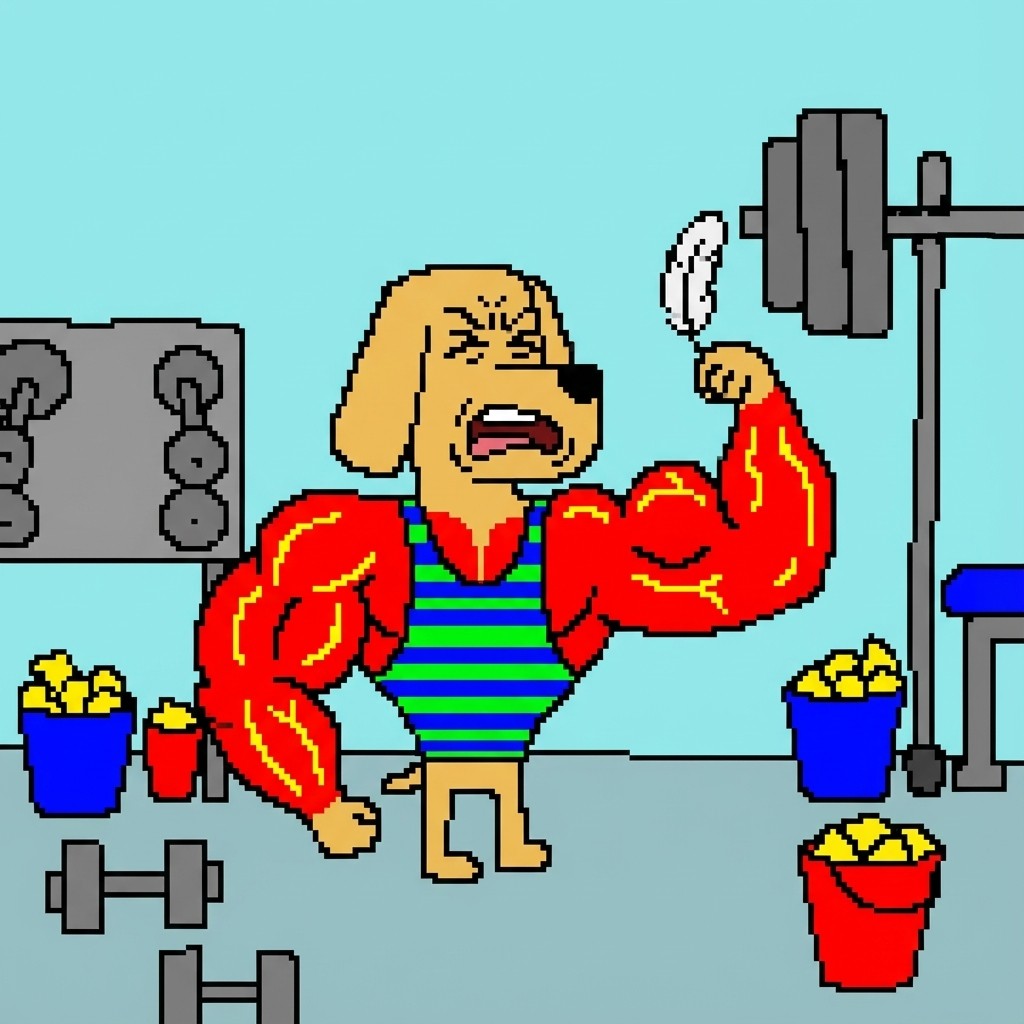 Bro the Dog flexing bicep lifting weights