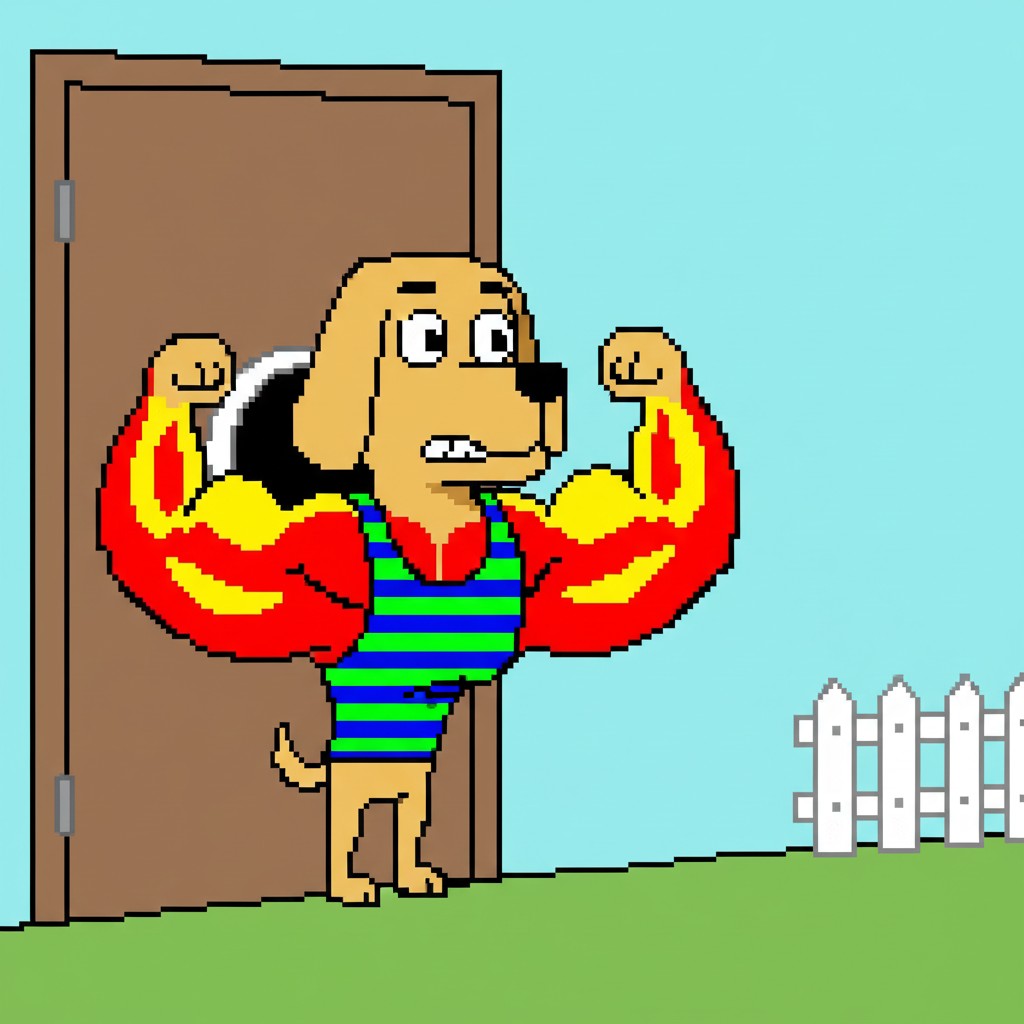 Bro the Dog flexing at door
