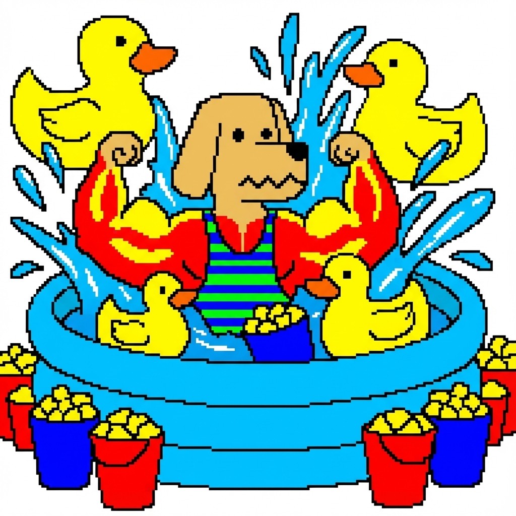 Bro the Dog in pool with rubber ducks