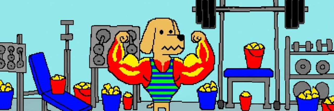 Bro the Dog flexing in the gym surrounded by gold buckets